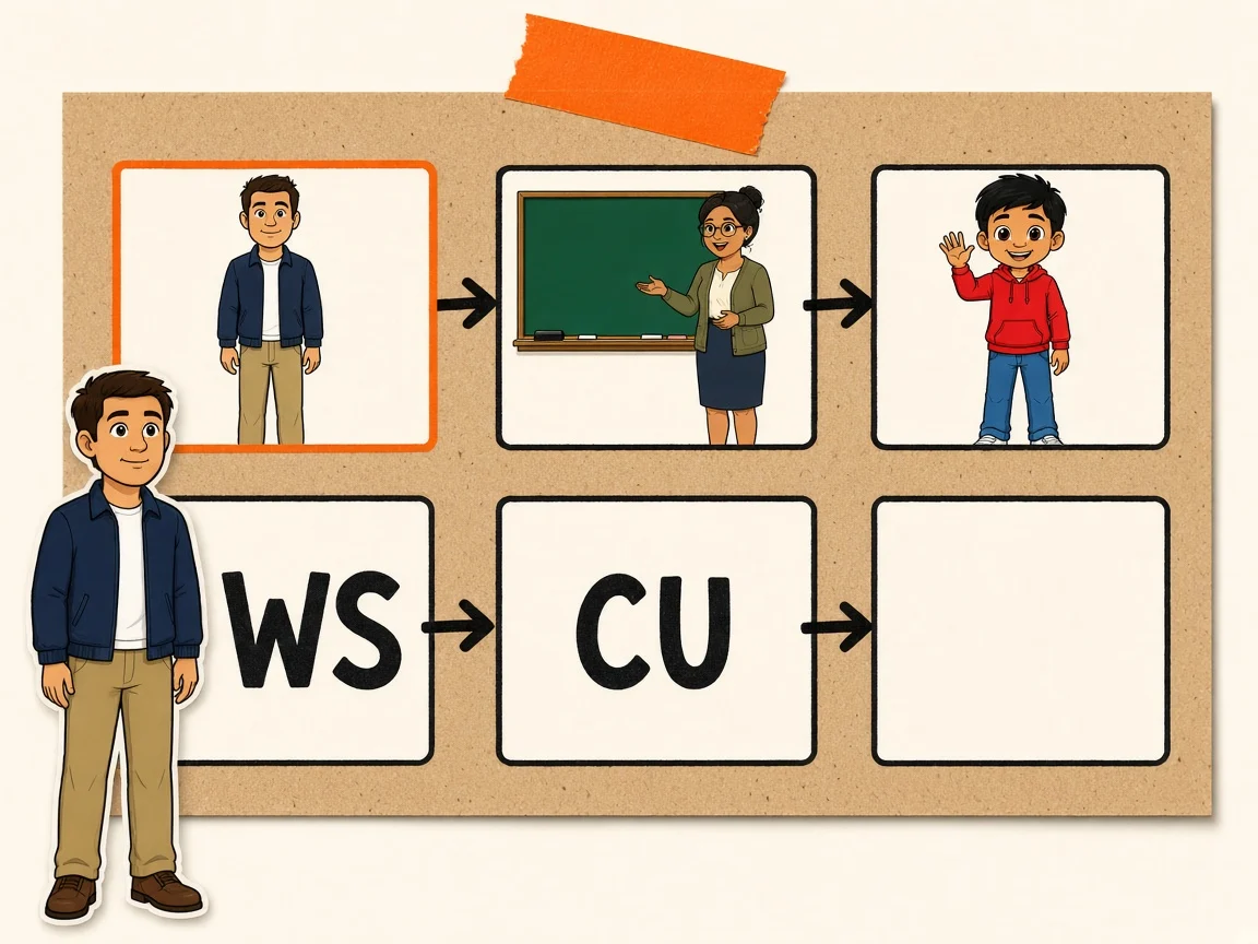 Storyboard cells with clip-art characters, shot-size marks and action lines