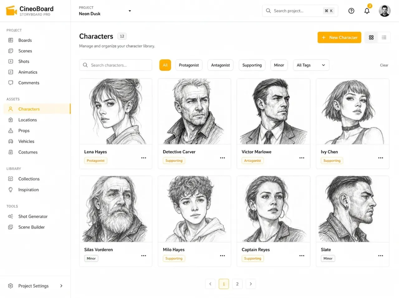 Reusable character, location and prop library