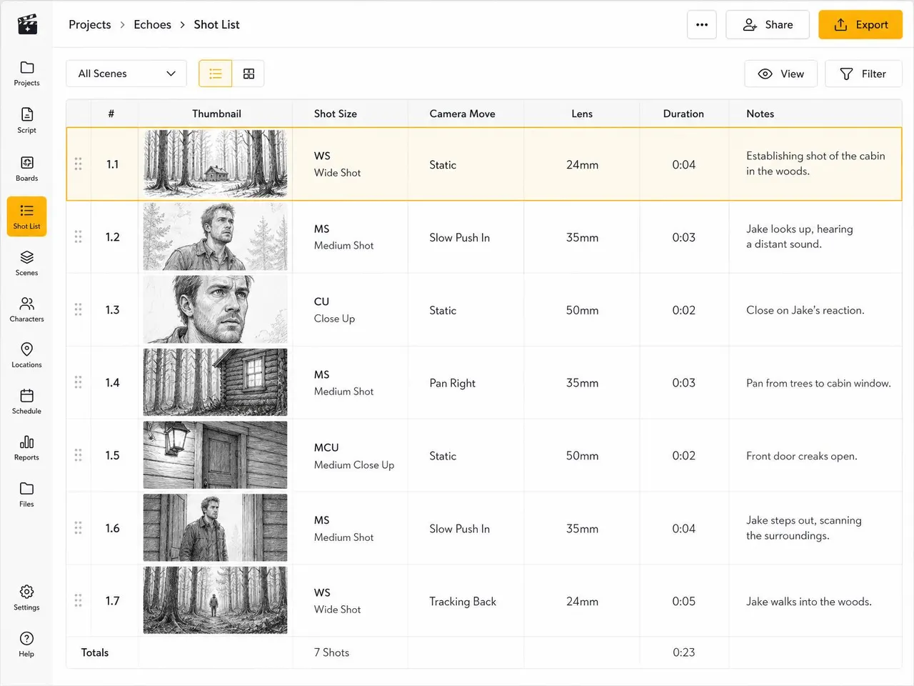 Shot list synced with storyboard frames