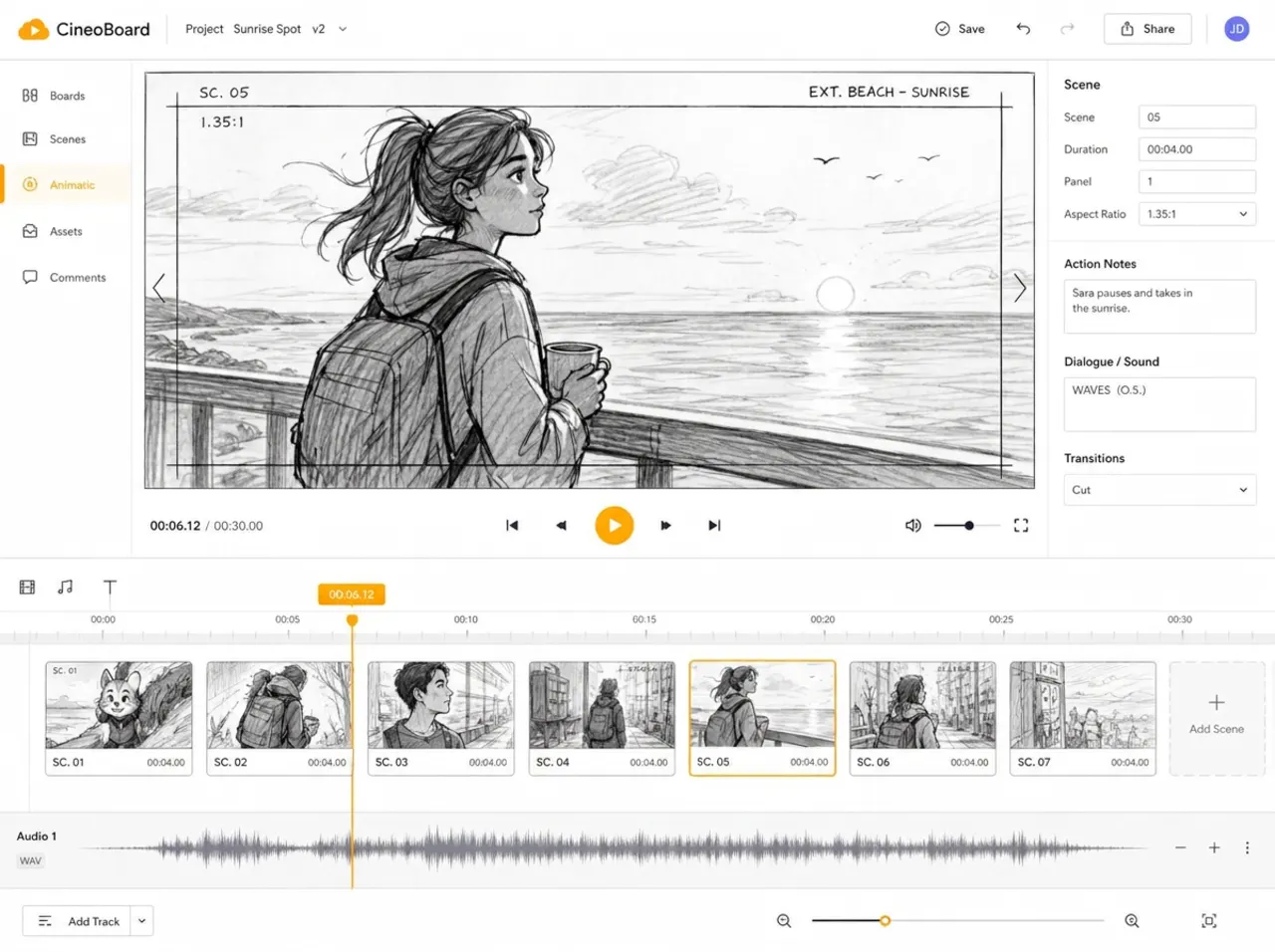 Animatic timeline with storyboard frames and audio