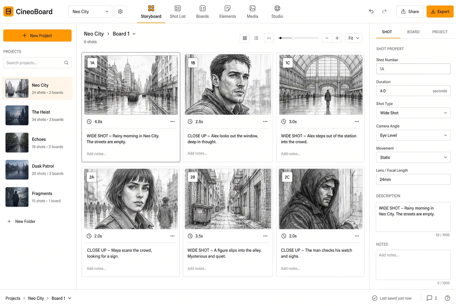 CineoBoard Workspace storyboard editor with scene panels and shot notes