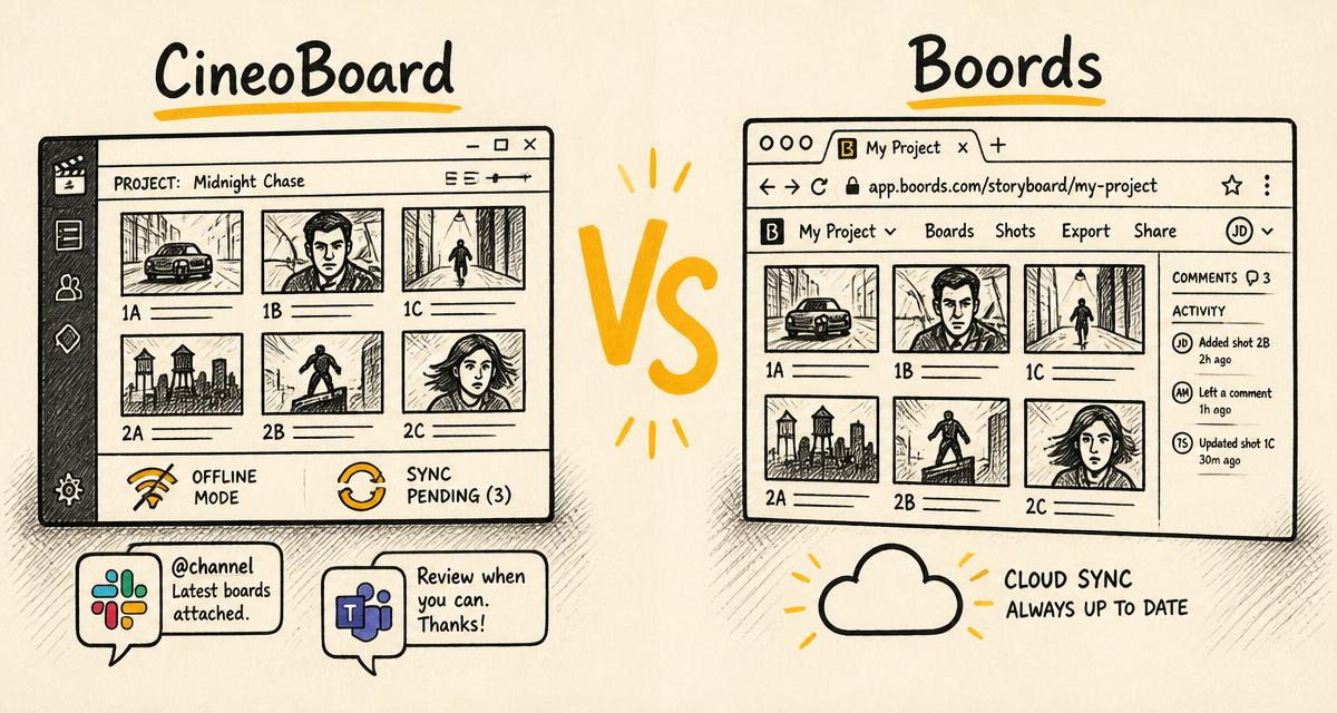 Hand-drawn storyboard-style cover comparing CineoBoard and Boords
