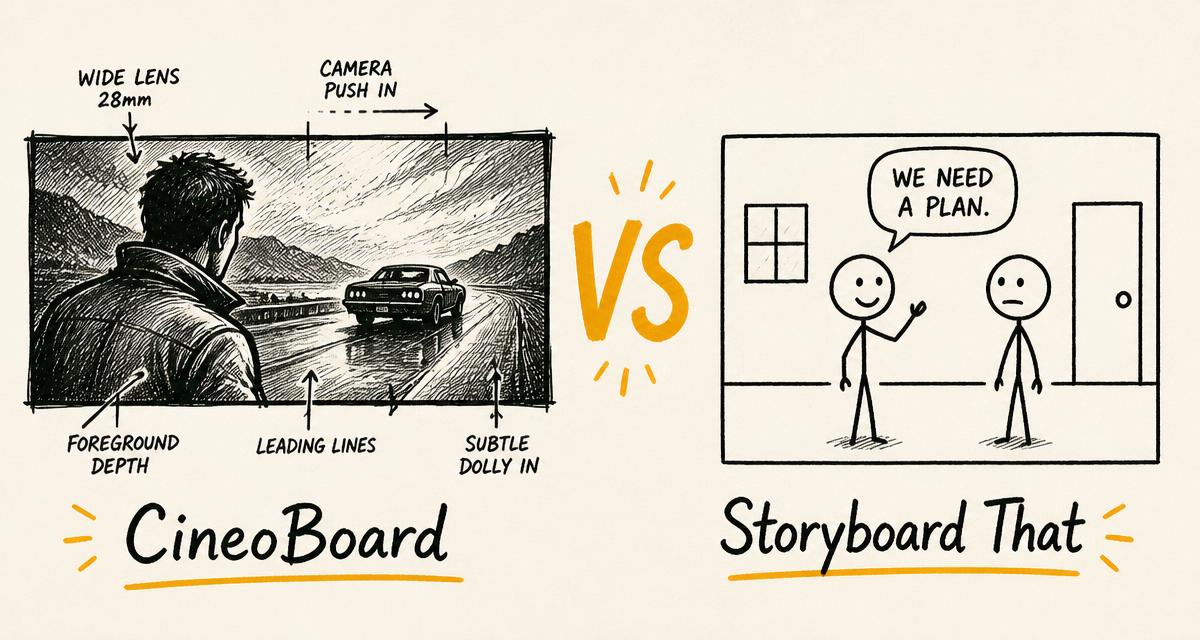 Hand-drawn storyboard-style cover comparing CineoBoard and Storyboard That