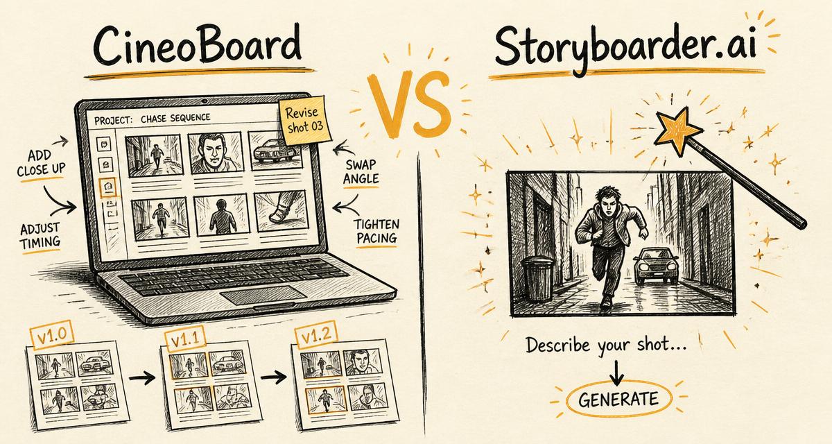 Hand-drawn storyboard-style cover comparing CineoBoard and Storyboarder.ai