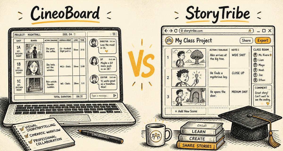 Hand-drawn storyboard-style cover comparing CineoBoard and StoryTribe