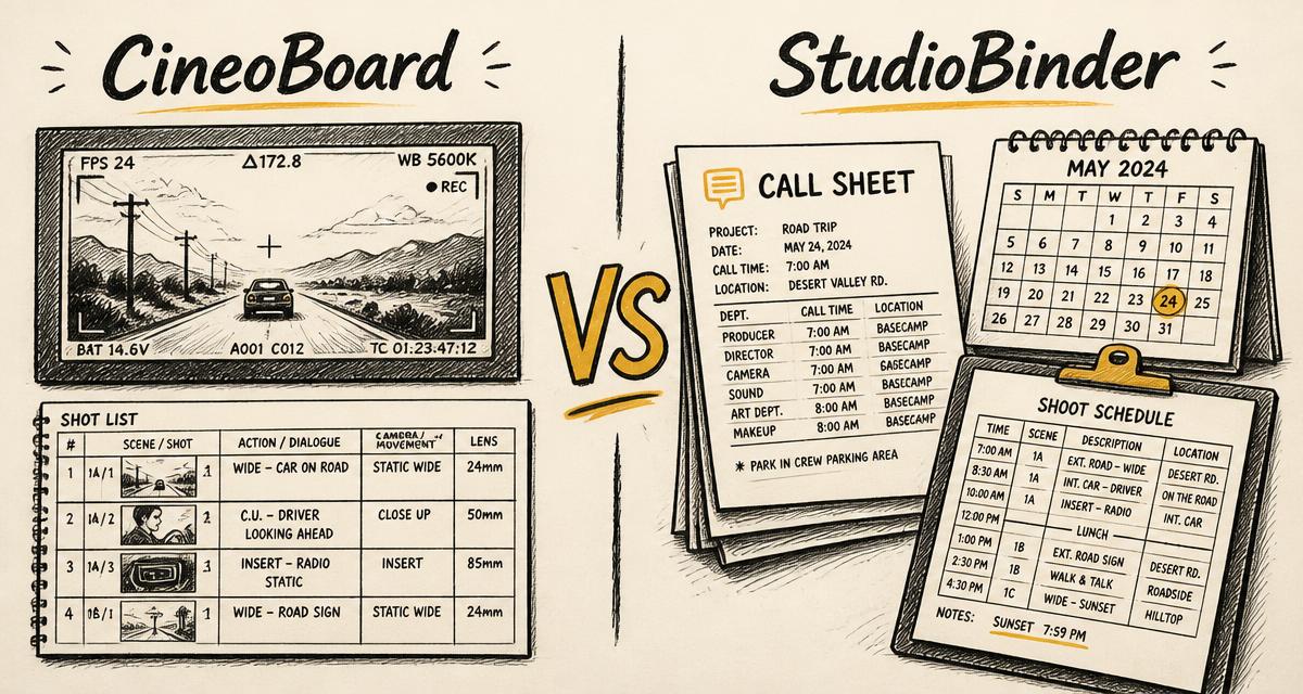 Hand-drawn storyboard-style cover comparing CineoBoard and StudioBinder