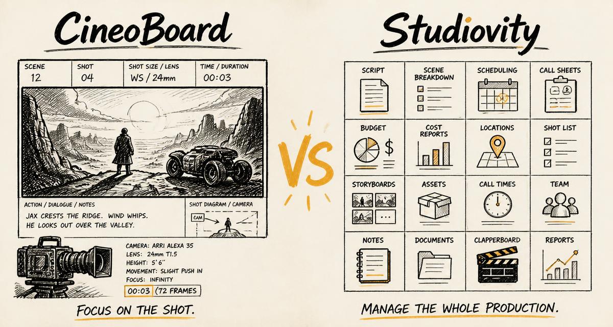 Hand-drawn storyboard-style cover comparing CineoBoard and Studiovity
