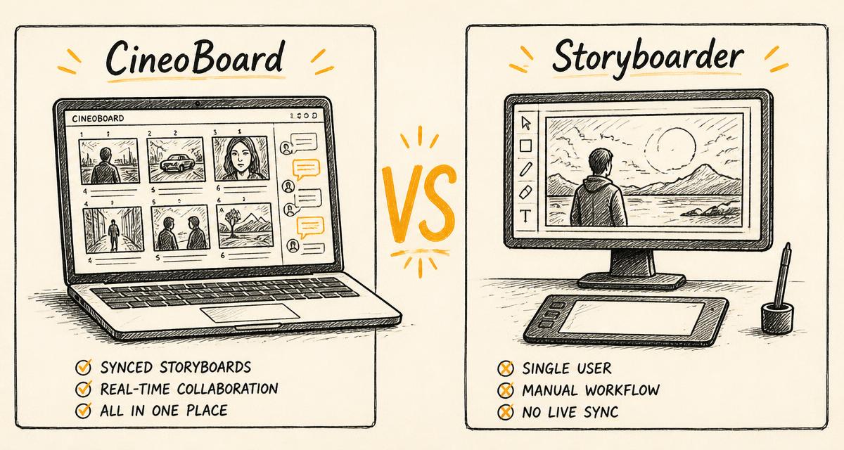 Hand-drawn storyboard-style cover comparing CineoBoard and Wonder Unit Storyboarder