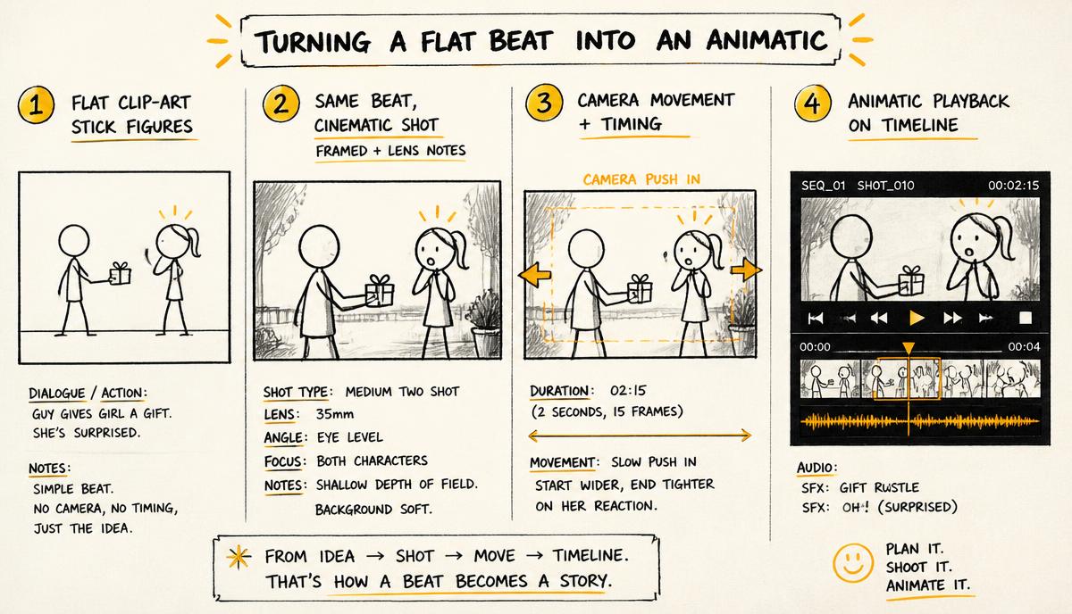Hand-drawn panels comparing flat clip-art characters with cinematic framed shots and shot data