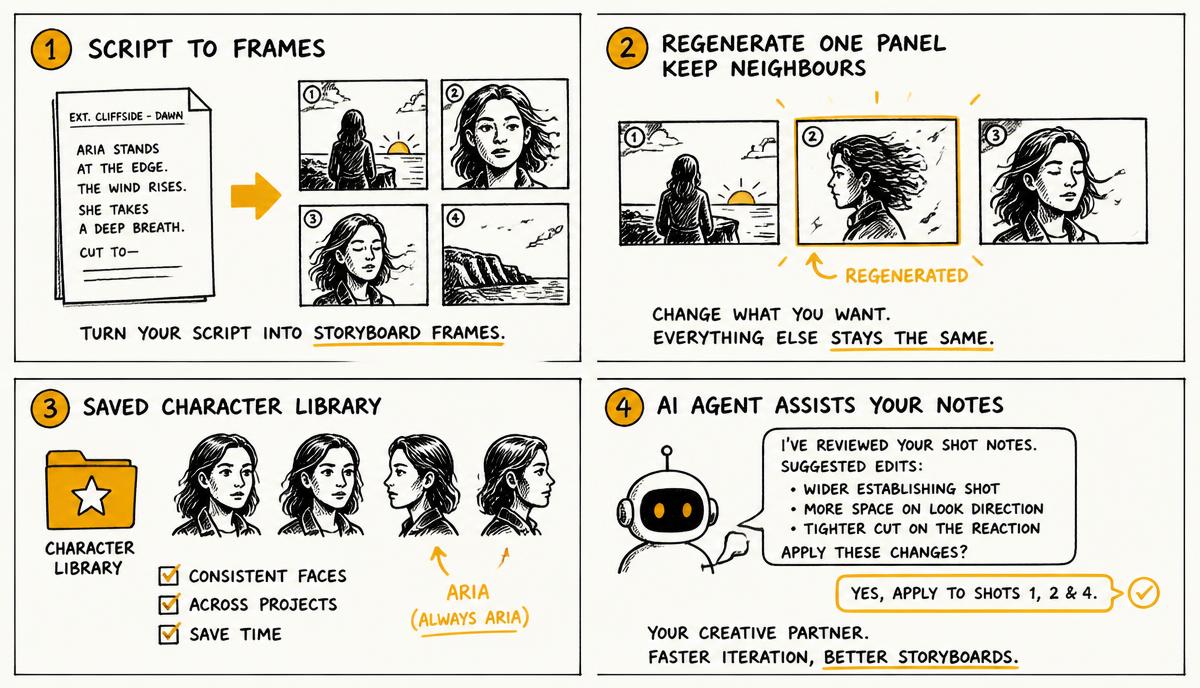 Hand-drawn panels showing a one-shot output versus an iterative, versioned board