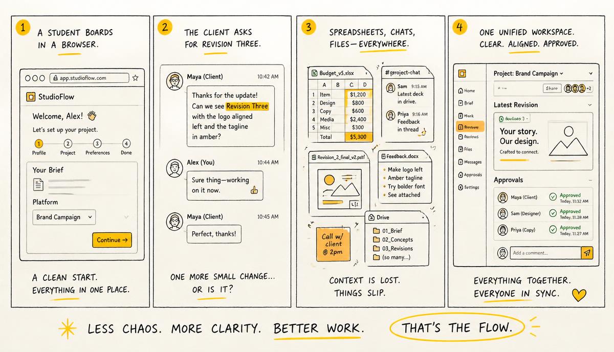 Hand-drawn panels contrasting a simple classroom storyboard with a full production pipeline board