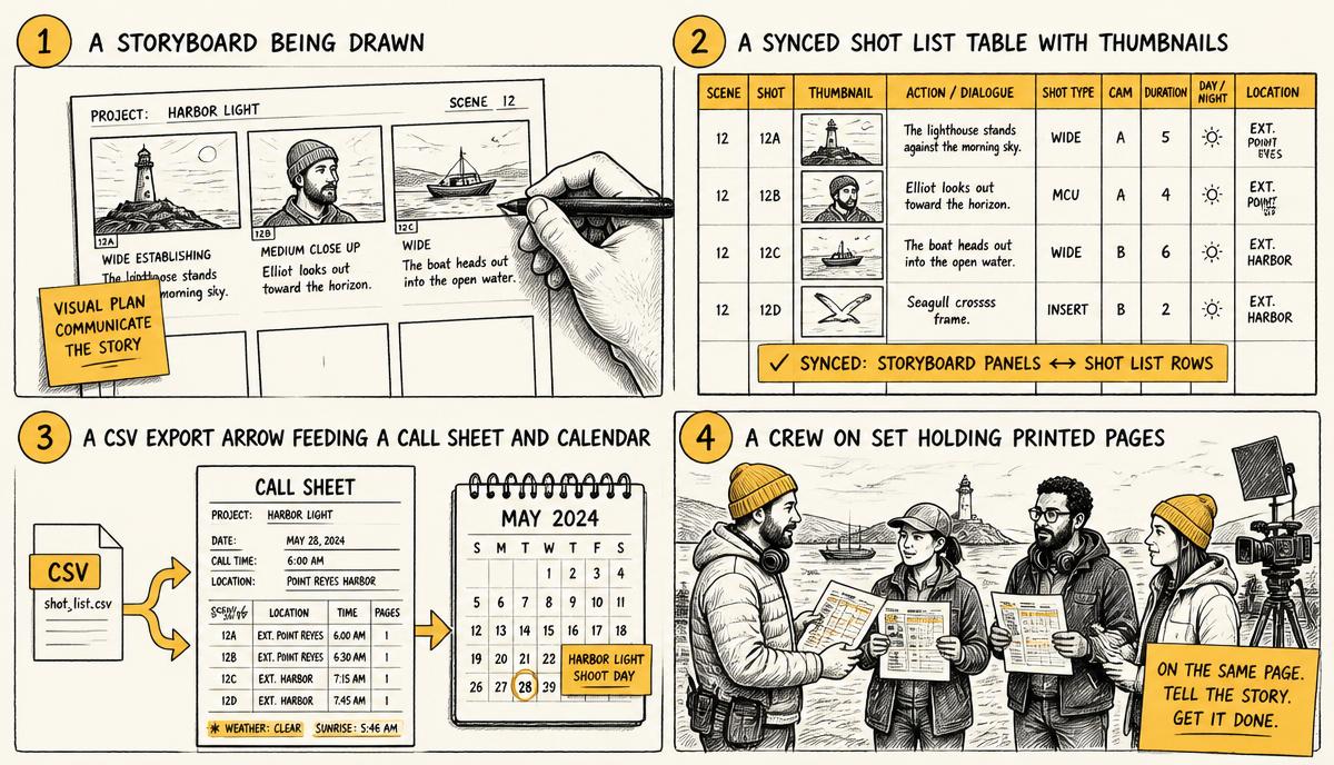 Hand-drawn panels showing call sheets and schedules on one side and a live storyboard on the other