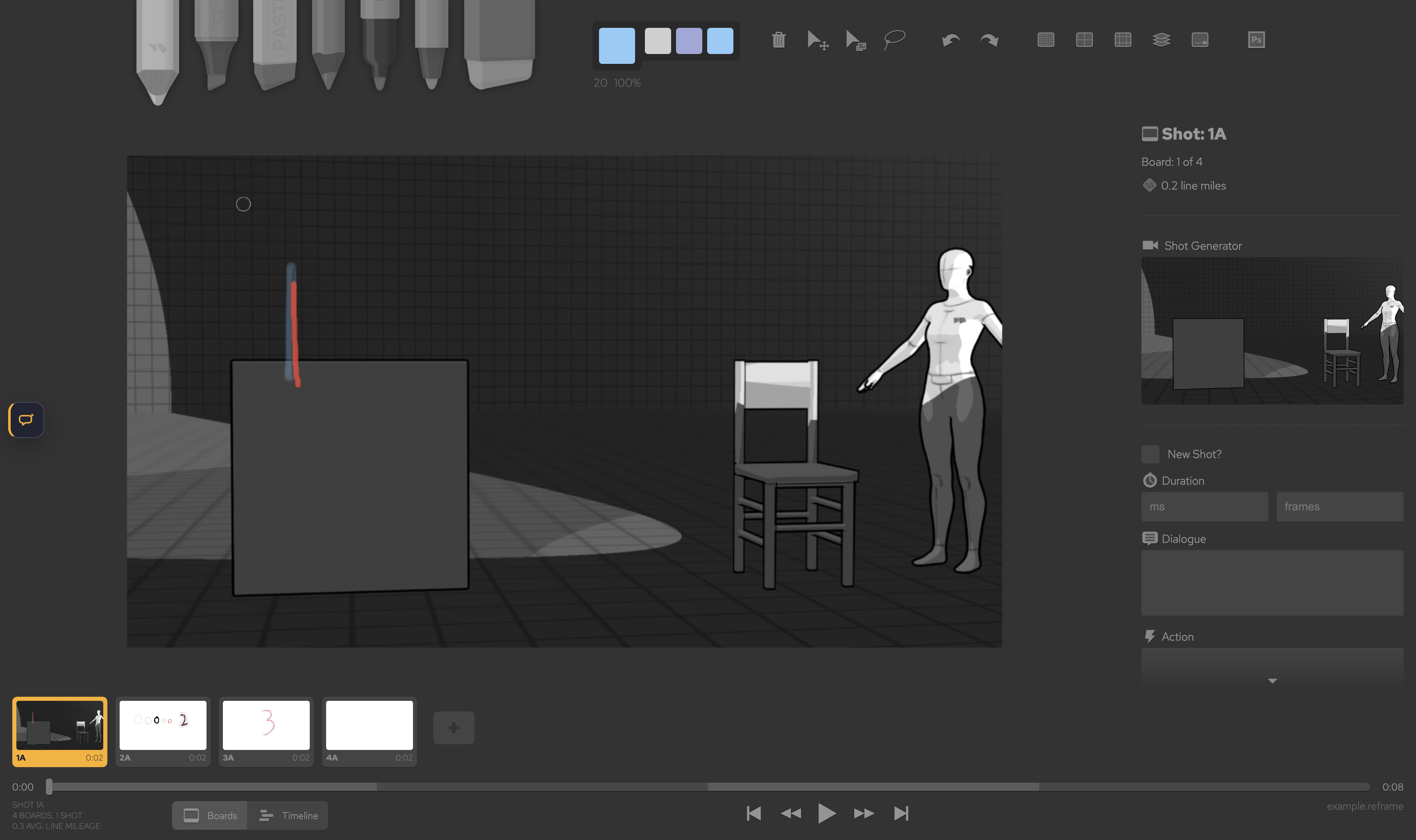 Reframe editor with the compact Chat Storyboard button visible on the left edge and no permanent sidebar