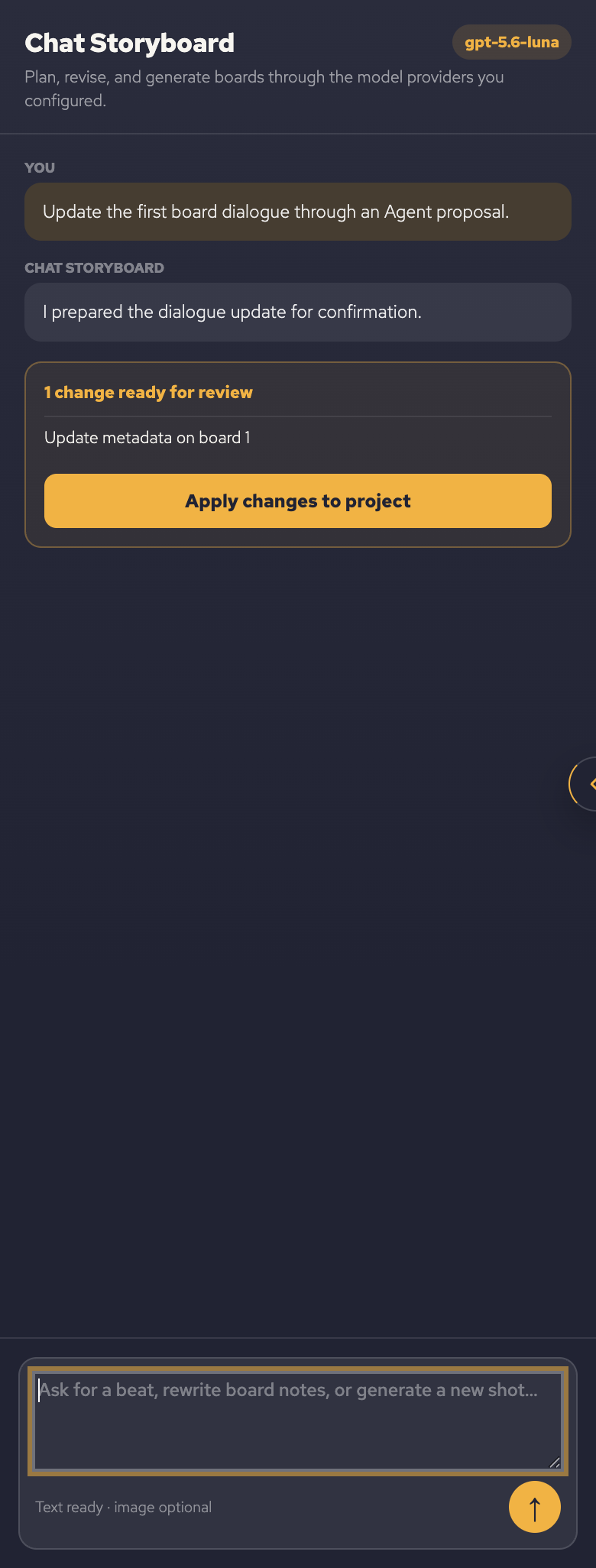Chat Storyboard showing an Agent response and a change ready for review before the user applies it