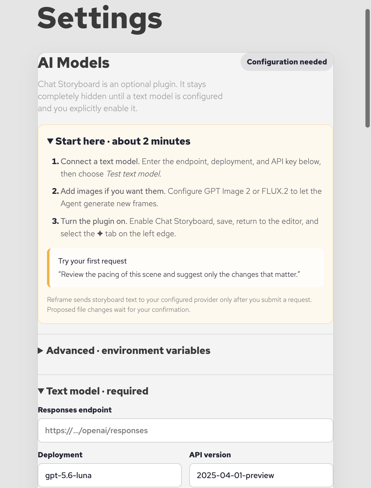 Reframe AI Models settings showing the three-step Chat Storyboard setup guide and required text model fields